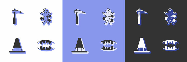 Set Vampire teeth, Scythe, Witch hat and Voodoo doll icon. Vector