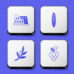 Set Coliseum, French baguette bread, Olives branch and Grape fruit icon. White square button. Vector