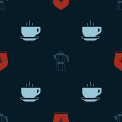 Set Pope hat, Coffee maker moca pot and cup on seamless pattern. Vector