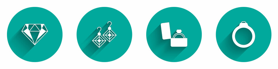 Set Diamond, Earrings, engagement box and icon with long shadow. Vector