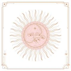 Vector illustration set of moon phases. Different stages of moonlight activity in vintage engraving style. branches of plants and flowers. sacred isoteric geometry