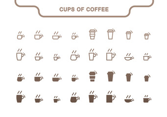 Simple vector icon set. Cups of coffee line and fill collection: coffee to go, americano, cappuccino, latte, espresso, flat white, raf, glace, mocachino, frappe, lungo, tea, hot chocolate