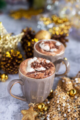cup of hot chocolate with marshmallows, hot winter drinks..