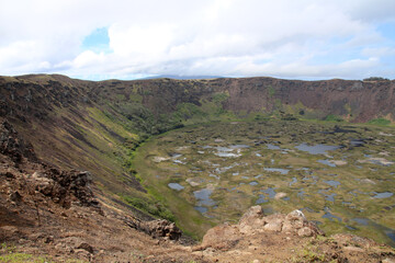 Caldera of the volcano Rano Kau, Easter Island, Chile, South America