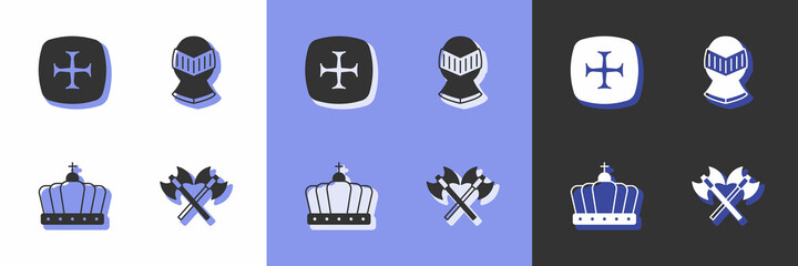 Set Crossed medieval axes, Crusade, King crown and Medieval helmet icon. Vector