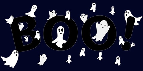 Ghosts  Halloween. Spooky wallpaper. Boo! Cartoon vector illustration. Ghosts  isolated on the dark blue background with word Boo.  Ghosts baner. Web