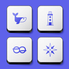 Set Whale, Lighthouse, Nautical rope knots and Wind rose icon. White square button. Vector