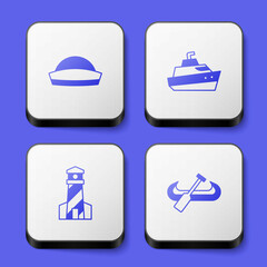 Set Sailor hat, Speedboat, Lighthouse and Kayak and paddle icon. White square button. Vector