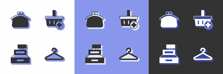 Set Hanger wardrobe, Wallet, Cash register machine and Add to Shopping basket icon. Vector