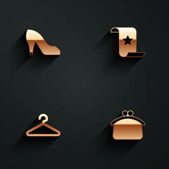 Set Woman shoe, Paper check and financial check, Hanger wardrobe and Wallet icon with long shadow. Vector