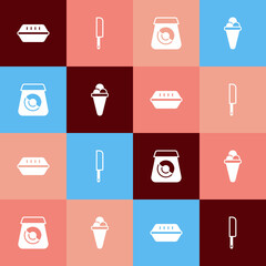 Set pop art Lunch box, Knife, Online ordering food and Ice cream waffle icon. Vector