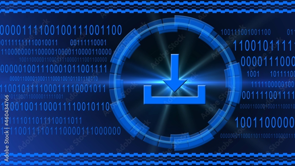 Poster download symbol centered into hud elements on binary code background - blue banner design - data int