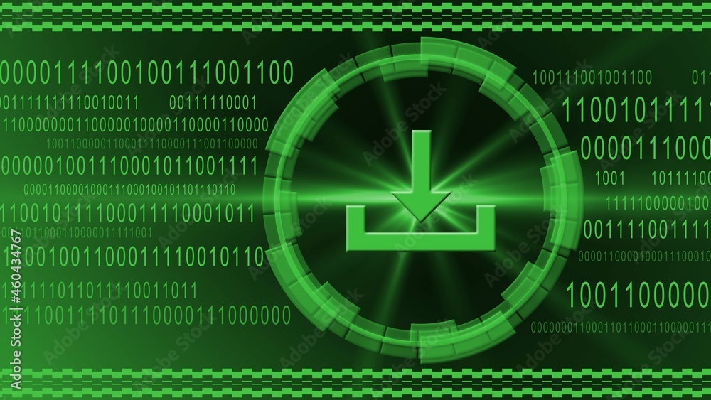 Poster download symbol centered into hud elements on binary code background - green banner design - data in