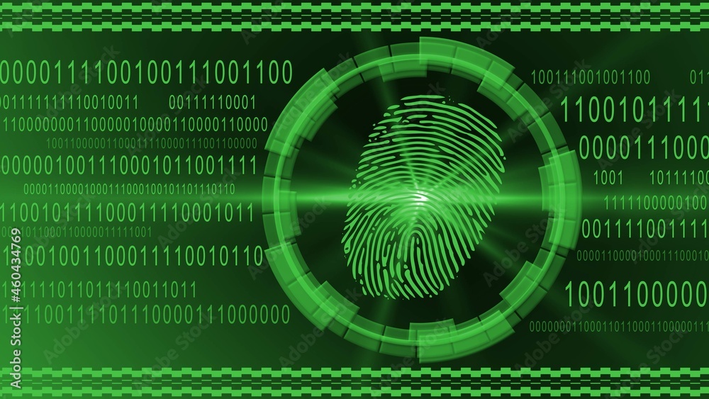 Poster fingerprint centered into hud elements on binary code background - green banner design - security sc