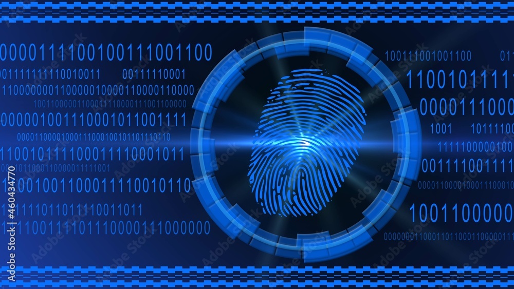 Poster fingerprint centered into hud elements on binary code background - blue banner design - security sca