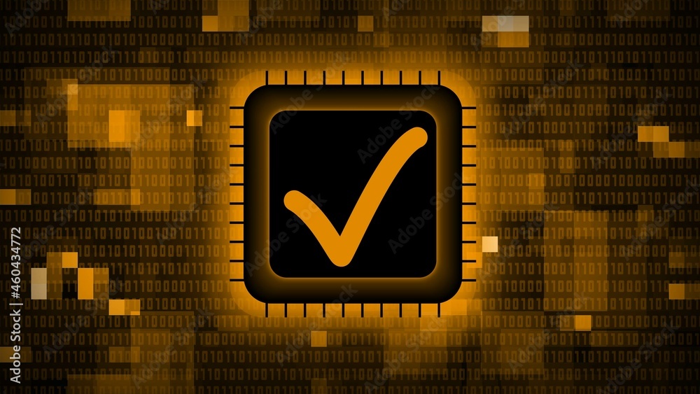Poster ok symbol on chip sensor - abstract background of blurred binary code in orange - quality control in