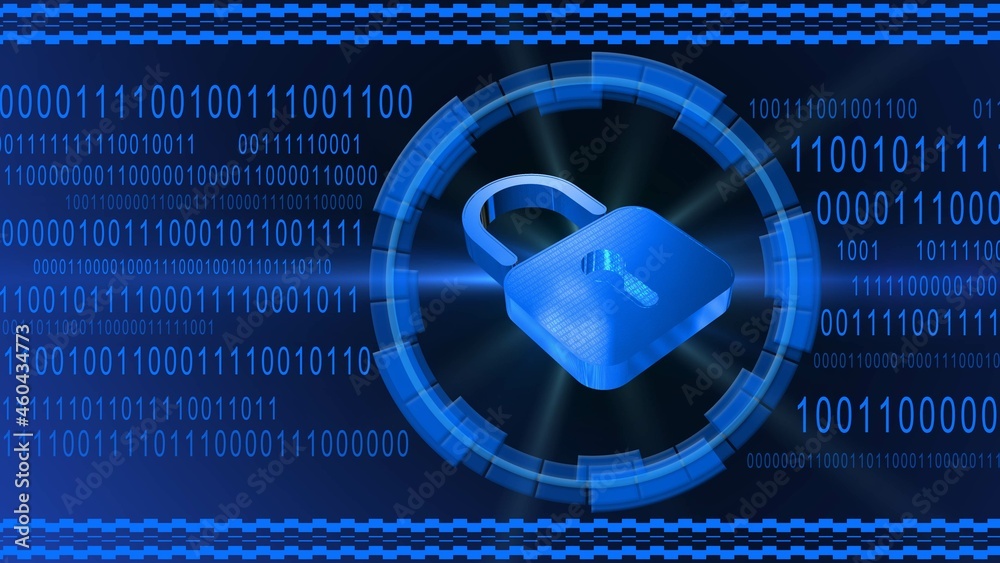 Aufkleber padlock centered into hud elements on binary code background - blue banner design - security and inf