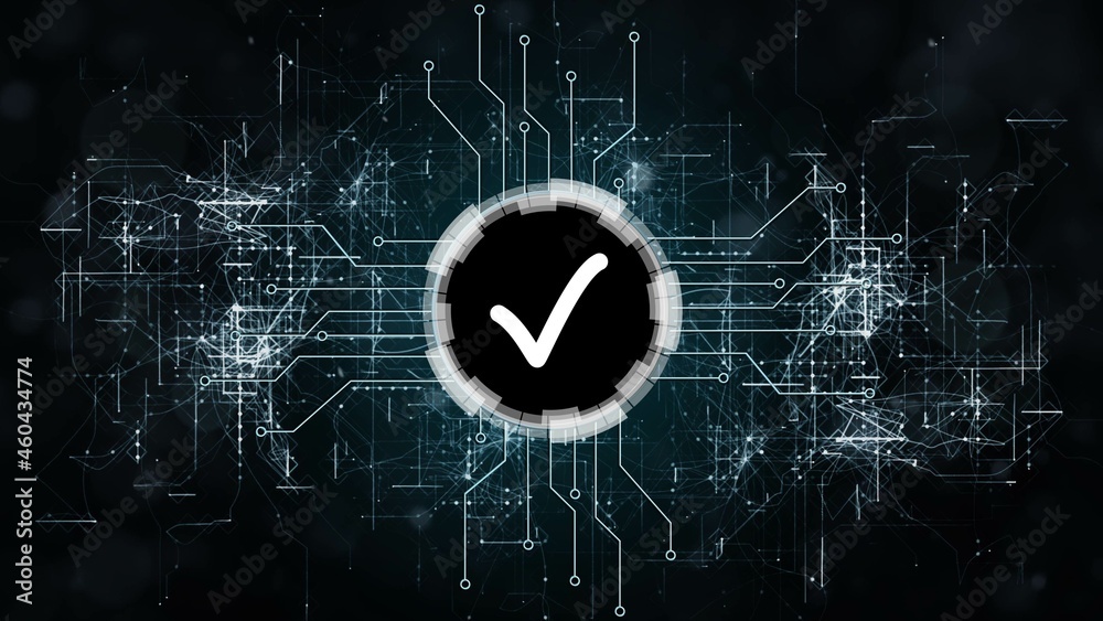 Poster ok symbol centered into hud elements between information connecting lines on dark background - quali