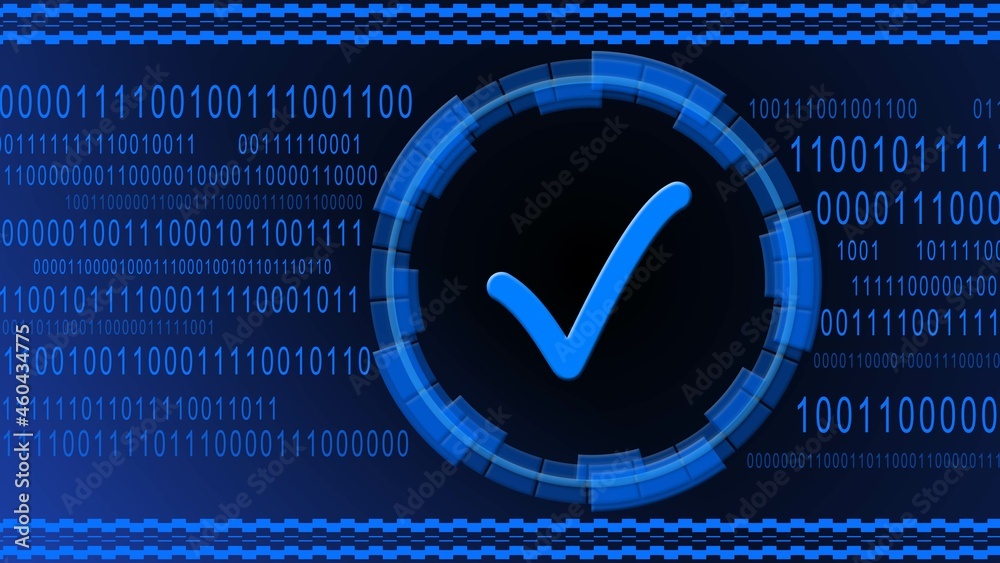 Aufkleber ok symbol centered into hud elements on binary code background - blue banner design - quality contro