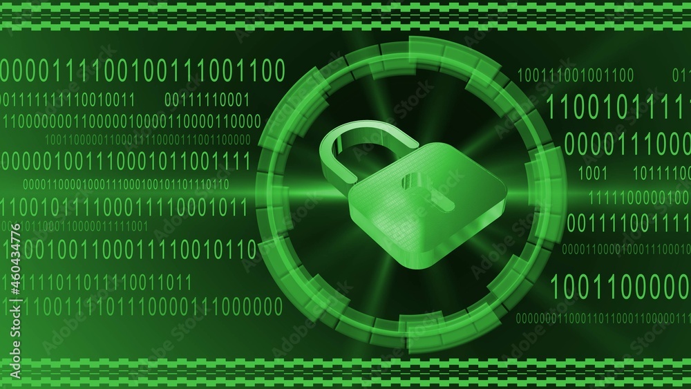 Aufkleber padlock centered into hud elements on binary code background - green banner design - security and in