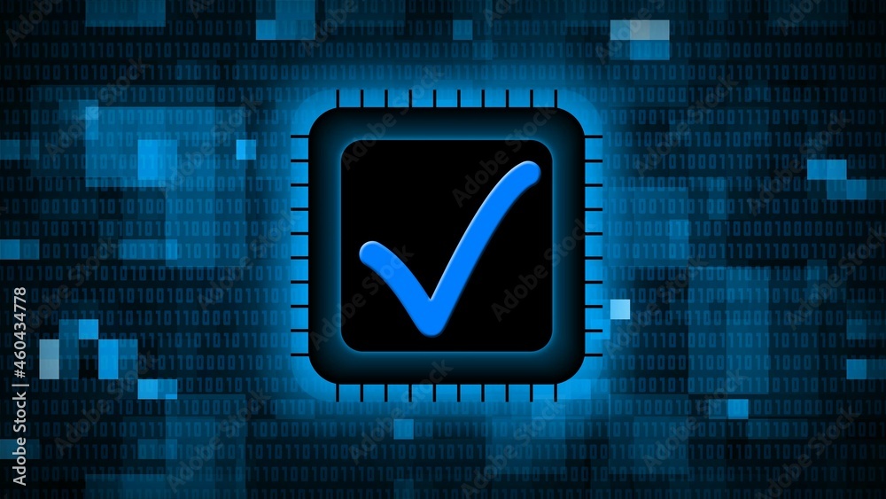 Poster ok symbol on chip sensor - abstract background of blurred binary code in blue - quality control info