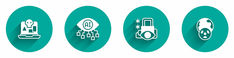 Set Internet piracy, Computer vision, Cyber security and Planet earth and radiation icon with long shadow. Vector