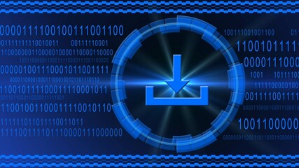 Download symbol centered into HUD elements on binary code background - blue banner design - data internet technology network concept - 3D illustration