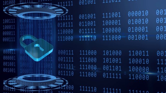 Abstract 3D graphic illustration on blue binary code background - shining light beam in cylinder shape with floating padlock between circular HUD elements - security and information technology concept