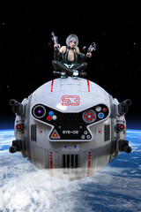 未来のボディースーツを着て宇宙をロボットに乗って地球の上を飛ぶ若い女性