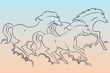 Three horses are blowing dust and running very fast line art