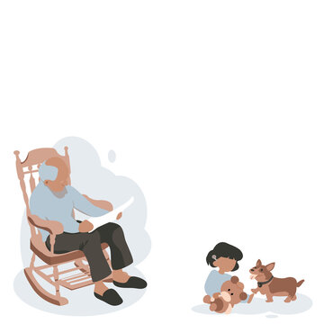 Vector Isolate Flat Design Of Grandfather Sitting On A Rocking Chair Reading Book. There Was Granddaughter Sitting Next To Teddy Bear And Dog.Concept For Warm Family Of Different Ages Living Together.