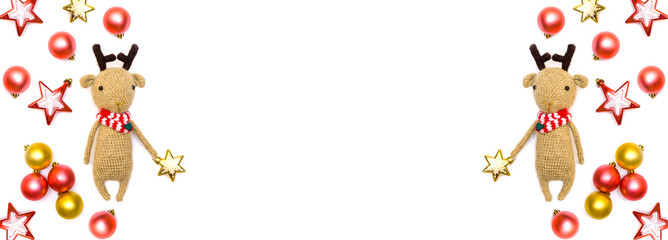 Reindeer Christmas decor toys balls stars Free for text Poster Banner. Flat lay Christmas new year