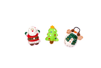 Layout santa claus, snowman, felt Christmas toys isolate on a white background. Christmas and New Year concept, place under the text. Flat lay Christmas