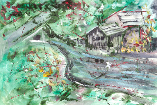 Watercolor landscape original painting of a colorful house by the river. Country house. Summer patio.