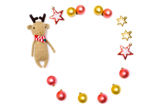 christmas reindeer with blank card.  Flat lay of Christmas decorations asterisks balls on white background, place for text