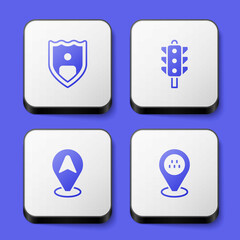 Set Life insurance with shield, Traffic light, Location taxi car and icon. White square button. Vector