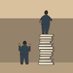 Book is source of knowledge and give better perspective.Comparison of two men:well-read stand high on stack of books and uneducated guy ran into blank wall.For library or bookstore.Hand drawn vector
