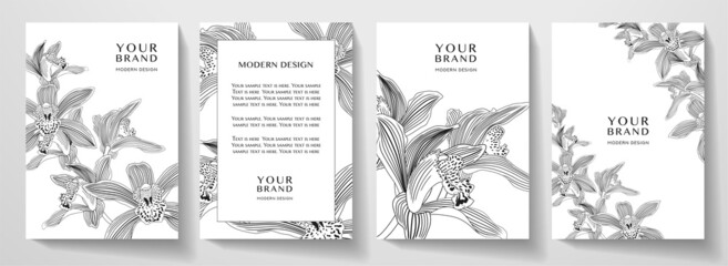 Floral cover, frame design set with black line pattern (orchid flower on white background). Luxury premium vector background pattern for tropical menu, elite summer sale, invite template