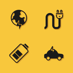 Set Global planet with thunderbolt, Electric car, Battery charge and plug icon with long shadow. Vector