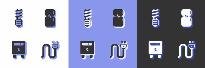 Set Electric plug, LED light bulb, meter and Refrigerator icon. Vector