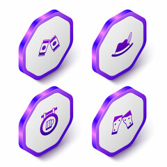 Set Isometric Beer can, Oktoberfest hat, Street signboard with beer and Glass of icon. Purple hexagon button. Vector