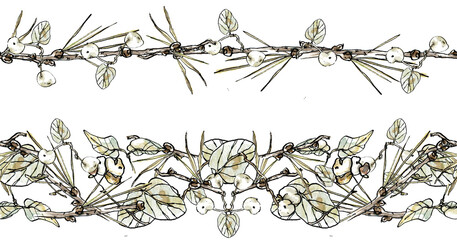 Watercolor set of stripes, pastel elegant illustration of snow berry isolated on white background. Seamless watercolor border, with snow berry. Horizontal winter border.