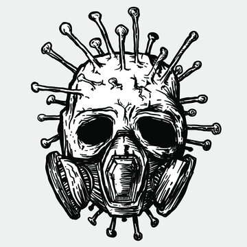 Skull in protective gas mask and coronavirus sprouts growing from head