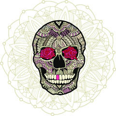 Sugar skull filled with abstract pattern, roses in its eyes and mandala on the background