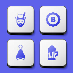 Set Oktoberfest man, Bottle cap, Chicken leg and Wooden beer mug icon. White square button. Vector