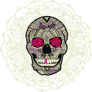 Sugar skull filled with abstract pattern, roses in its eyes and mandala on the background