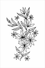Hand drawn sprig with flowers in doodle style, black and white vector illustration