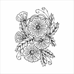 Slightly abstract bouquet of flowers, hand-drawn in doodles style, vector black and white illustration