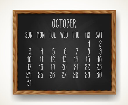 October Year 2021 Hand Drawn Black Chalkboard Calendar