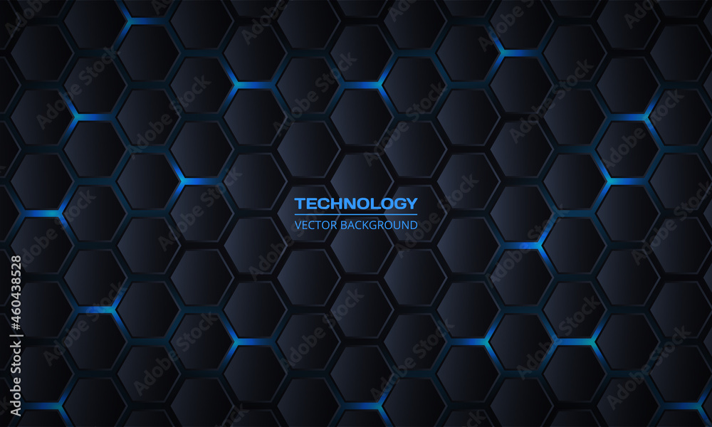 Poster Dark gray hexagonal technology vector abstract background. Blue bright energy flashes under hexagon in modern technology futuristic vector three-dimensional background. Dark honeycomb texture grid.